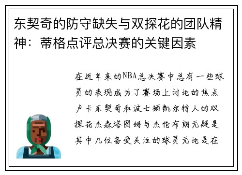 东契奇的防守缺失与双探花的团队精神：蒂格点评总决赛的关键因素
