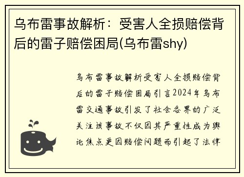 乌布雷事故解析：受害人全损赔偿背后的雷子赔偿困局(乌布雷shy)