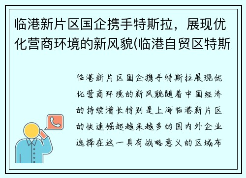 临港新片区国企携手特斯拉，展现优化营商环境的新风貌(临港自贸区特斯拉工厂)