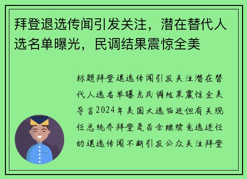 拜登退选传闻引发关注，潜在替代人选名单曝光，民调结果震惊全美