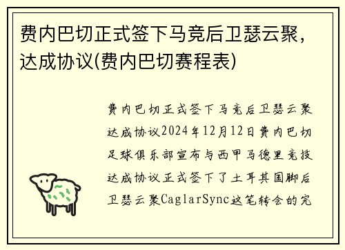 费内巴切正式签下马竞后卫瑟云聚，达成协议(费内巴切赛程表)