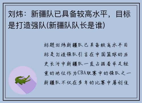 刘炜：新疆队已具备较高水平，目标是打造强队(新疆队队长是谁)