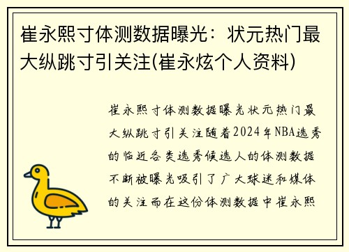 崔永熙寸体测数据曝光：状元热门最大纵跳寸引关注(崔永炫个人资料)